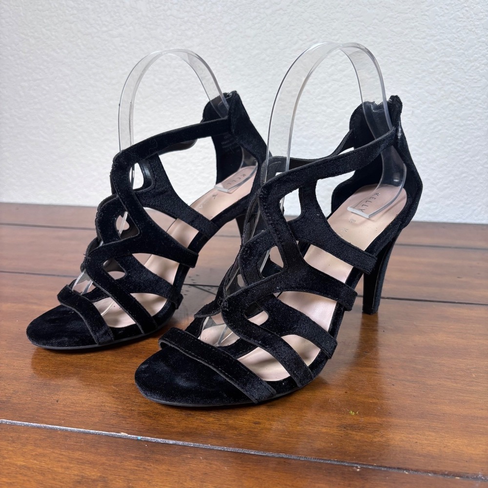 Kelly & Katie Ocilia Sandals Womens 7.5 Black Velvet Strappy Cage Zip Heel